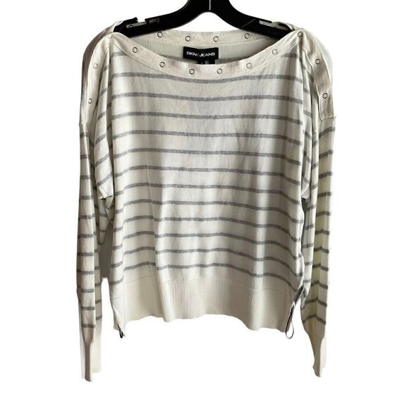 DKNY Jeans Sweater Snap Tape Trim Boat Neck Cream Grey Stripe Cotton Medium - Picture 1 of 15
